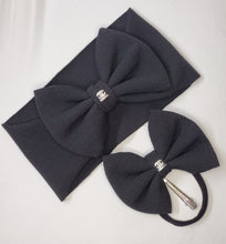 Load image into Gallery viewer, Baby Girl Bows Head Wraps and Headbands. Black Designer Bows with Puff & Charm
