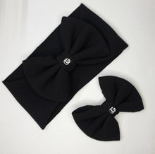 Load image into Gallery viewer, Baby Girl Bows Head Wraps and Headbands. Black Designer Bows with Puff & Charm
