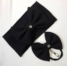Load image into Gallery viewer, Baby Girl Bows Head Wraps and Headbands. Black Designer Bows with Puff & Charm