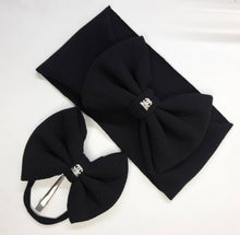 Load image into Gallery viewer, Baby Girl Bows Head Wraps and Headbands. Black Designer Bows with Puff & Charm