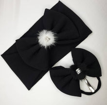 Load image into Gallery viewer, Baby Girl Bows Head Wraps and Headbands. Black Designer Bows with Puff & Charm