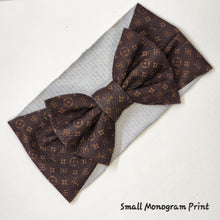 Load image into Gallery viewer, Small Brown Monogram Print Baby Girl Bows , Headwraps, Headbands, Piggies
