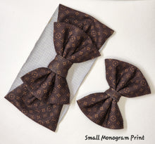 Load image into Gallery viewer, Small Brown Monogram Print Baby Girl Bows , Headwraps, Headbands, Piggies
