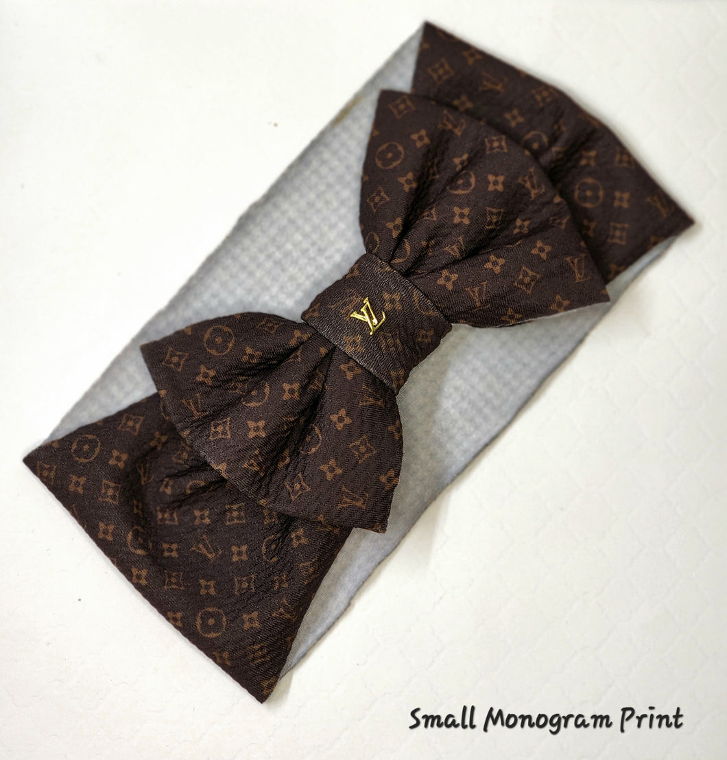 Small Brown Monogram Print Baby Girl Bows , Headwraps, Headbands, Piggies